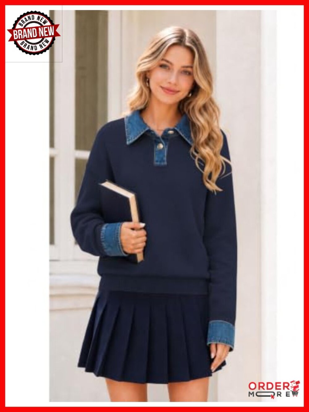 Oversized V-Neck Collared Button Pullover Sweater - Picture 5 of 6
